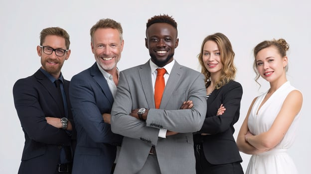 Group of Five Confident Professionals Posing Together in Studio photo