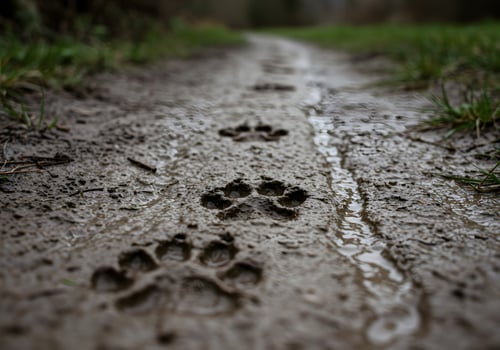 A muddy trail with paw prints in the dirt photo
