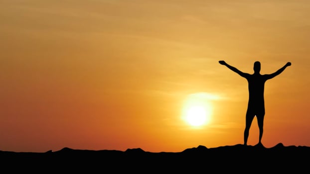Silhouette of a Person Celebrating Success Against a Stunning Sunset Background in a Serene Natural Landscape photo