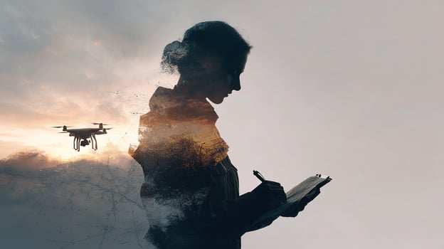 Double exposure of a woman holding a book and a drone flying over her head photo