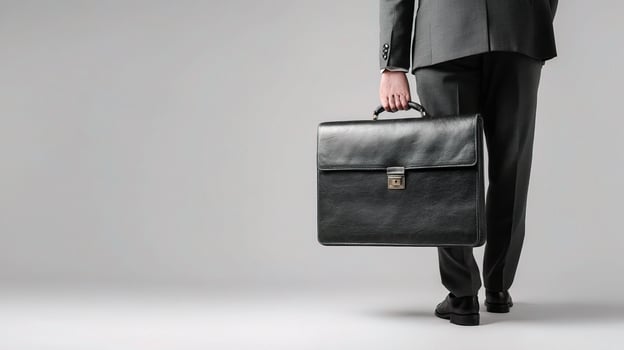 Businessman with briefcase on gray background photo
