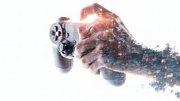A hand holding a game controller photo