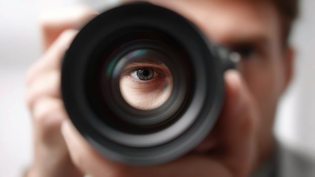 A man is holding a camera and looking through the lens photo