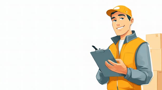 A man in a yellow vest holding a clipboard and holding a clipboard photo
