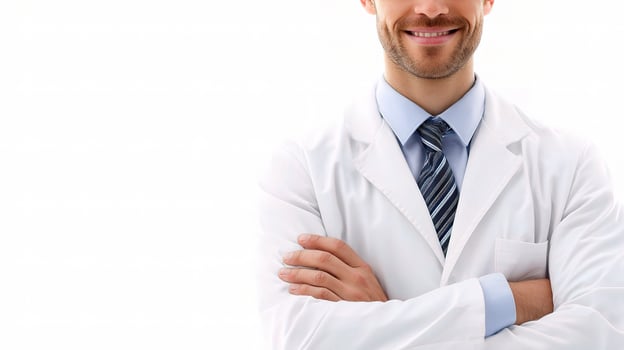 Confident Doctor in Lab Coat with Arms Crossed Against White Background photo