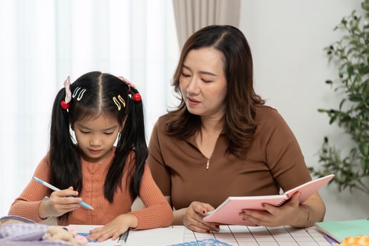 Mother and Daughter Back to School. Engaging study session with mother helping daughter with homework. photo