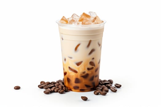 Iced Coffee Delight Creamy Cool Coffee Drink Perfect Summer Treat Ice Cubes Coffee Beans White photo