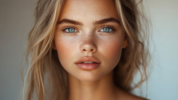 Beautiful Freckled Woman Portrait with Blue Eyes and Blonde Hair Beauty photo