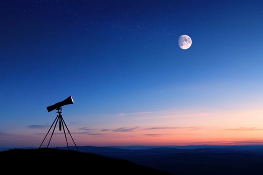 A telescope on a tripod with the moon in the background photo