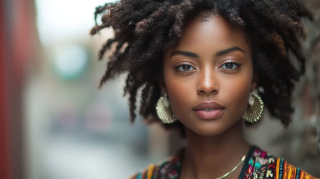 Beautiful African American Woman Portrait with Natural Hair and Glowing Skin Beauty photo