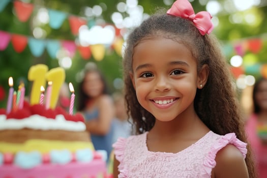 A young girl smiles at the camera while holding a birthday cake photo