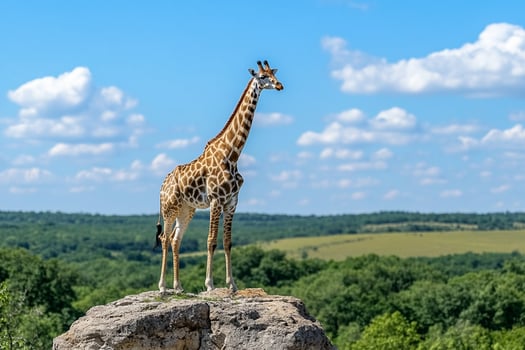 A giraffe standing on a rock in the middle of a field photo