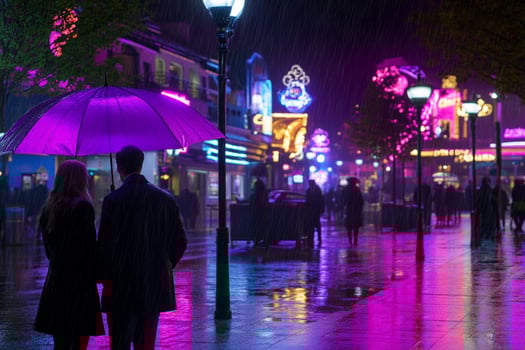 A couple standing under an umbrella in the rain photo