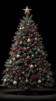 Elegant Christmas tree adorned with red and gold ornaments, glowing lights, and a star topper for a festive atmosphere photo