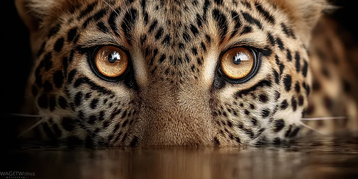 Close-up view of a leopard gazing from shallow water in a natural habitat during the day photo