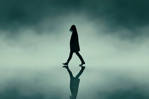 A silhouette of a woman walking on a foggy surface photo