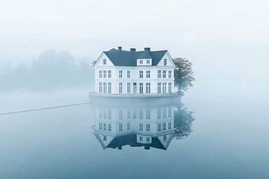 A house floating in the water on a foggy day photo
