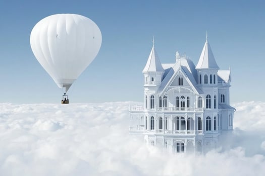 A white house in the clouds with a hot air balloon photo
