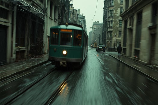 A train traveling down a wet street photo