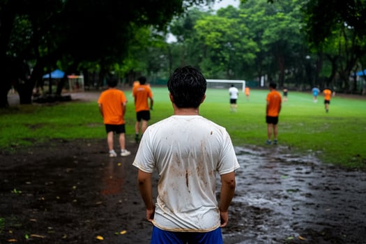 A man standing in the mud on a soccer field photo