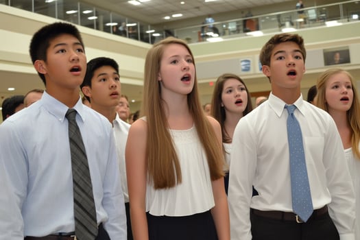 A group of young people singing in a large room photo