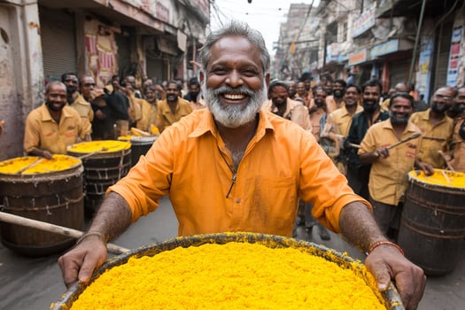 A man smiles while holding a large bowl of yellow flowers photo