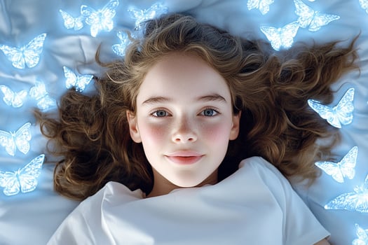 A girl laying in bed with butterflies flying around her photo
