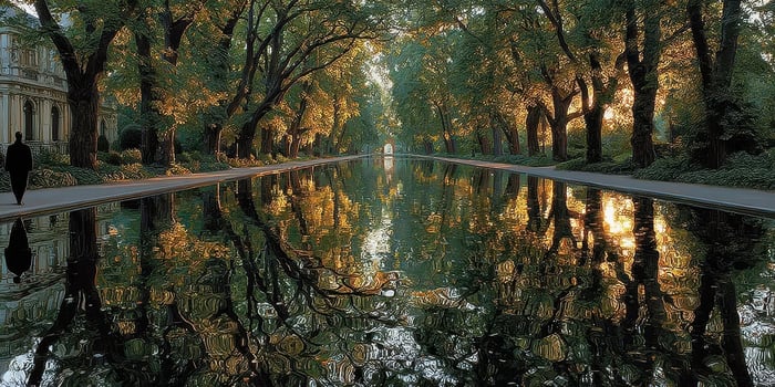 Serene reflection of trees along a tranquil waterway during sunset in a peaceful park setting photo