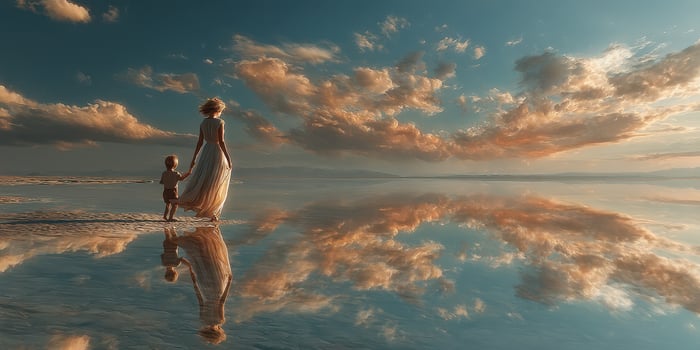 Mother and child walking along a tranquil beach during sunset with remarkable reflections on the water photo