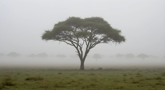 Tree in Foggy Field Landscape photo
