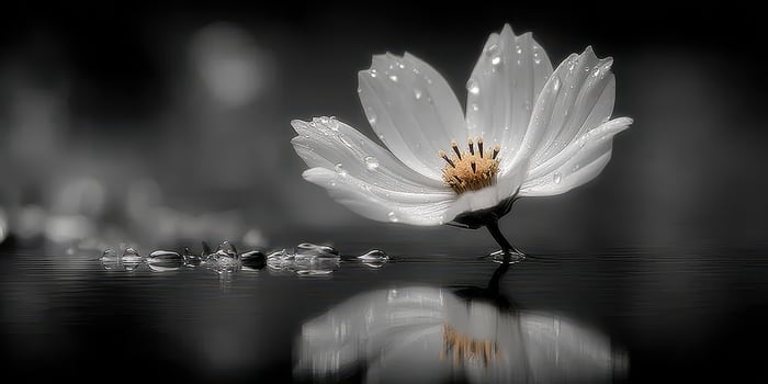 Delicate white flower with droplets reflects on water surface in serene environment photo
