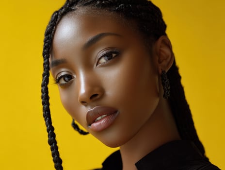 Young woman with braided hair and hoop earrings looks at the camera with a calm expression. Her makeup is subtle and highlights her features. She wears a dark top and has a neutral background photo