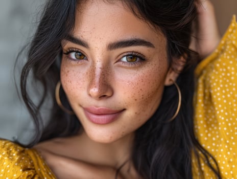 Young woman with long dark hair and hoop earrings smiles softly, wearing a yellow dotted blouse. She has light freckles across her nose and cheeks, creating an engaging fashion portrait photo