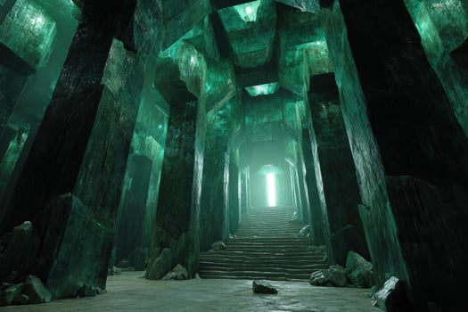 Majestic stone corridor with towering emerald-colored columns leading to a bright light at the top of the stairs, creating a mystical and enchanting atmosphere photo