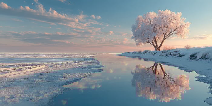 Frosty tree stands beside a calm reflective river in a serene winter landscape at sunset photo