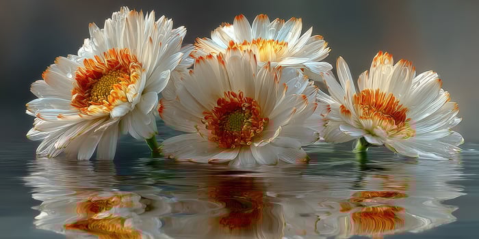 Beautiful white and orange flowers reflecting on water in tranquil setting during golden hour photo