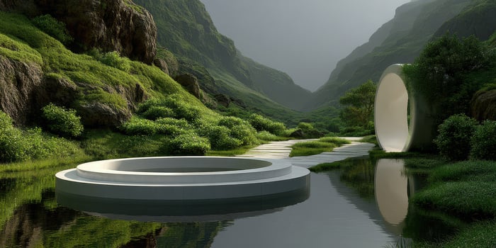 Beautiful landscape with modern sculptures beside a serene river in a lush valley during daytime photo