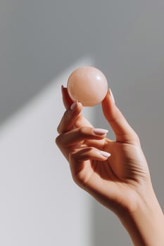 Hand holding a smooth pink crystal sphere against a soft gradient background, showcasing the delicate texture and natural beauty of the stone, emphasizing wellness and mindfulness concepts photo