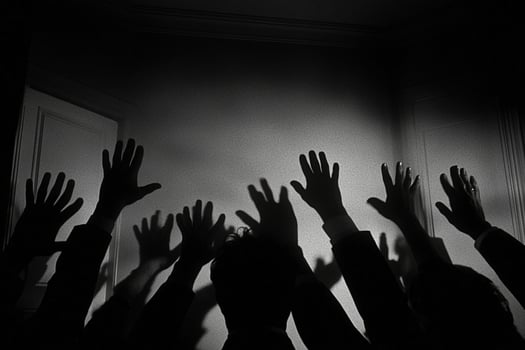 Silhouettes of people reaching up in the dark photo