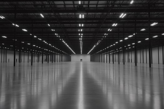 A black and white photo of an empty warehouse