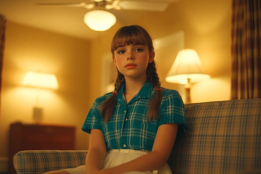 A young girl sitting on a couch in a room photo