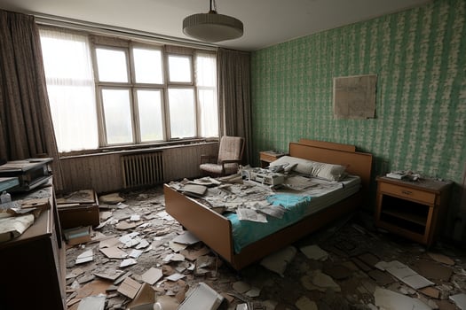 A bed with a blue sheet on it photo
