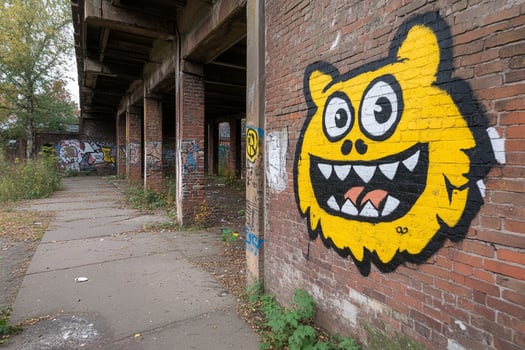 A yellow and black monster on a brick wall photo