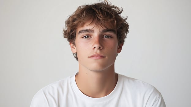 A Portrait of a Young Man with Wavy Hair and White T-Shirt photo