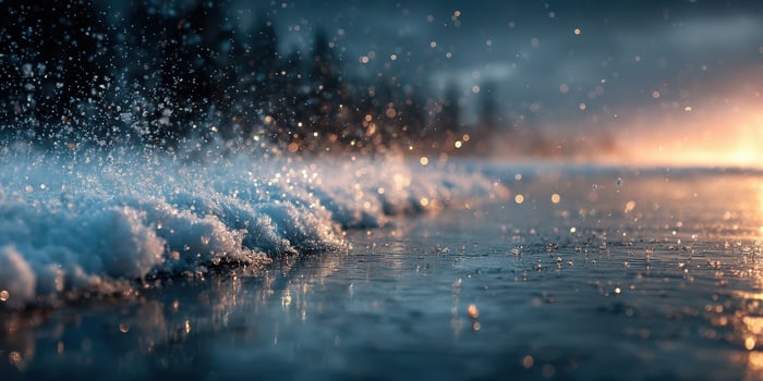 Waves crash on the shore as raindrops create a misty atmosphere during sunset at the beach photo