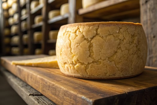 Close up of aged parmigiano reggiano cheese wheel in a traditional aging cellar setting photo