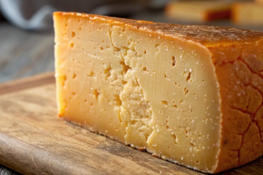 Gouda cheese with aged rind captured in hard lighting, showcasing texture and color photo