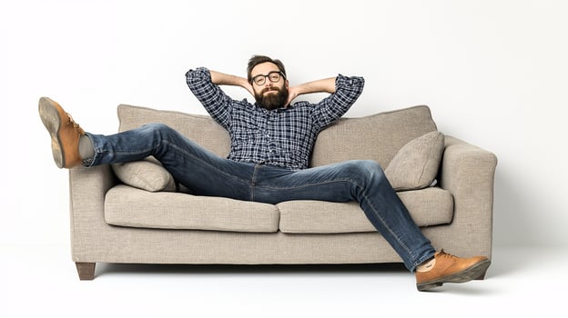 A man is laying on a couch with his legs crossed photo