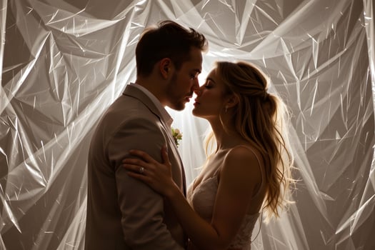 Romantic Couple s Silhouette Wedding Dress Tender Embrace Bridal Photography Soft Light photo