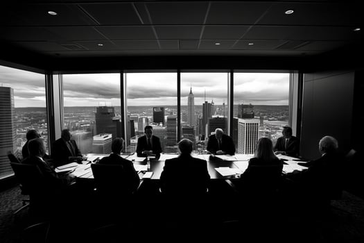 A group of people sitting at a table in front of a large window photo